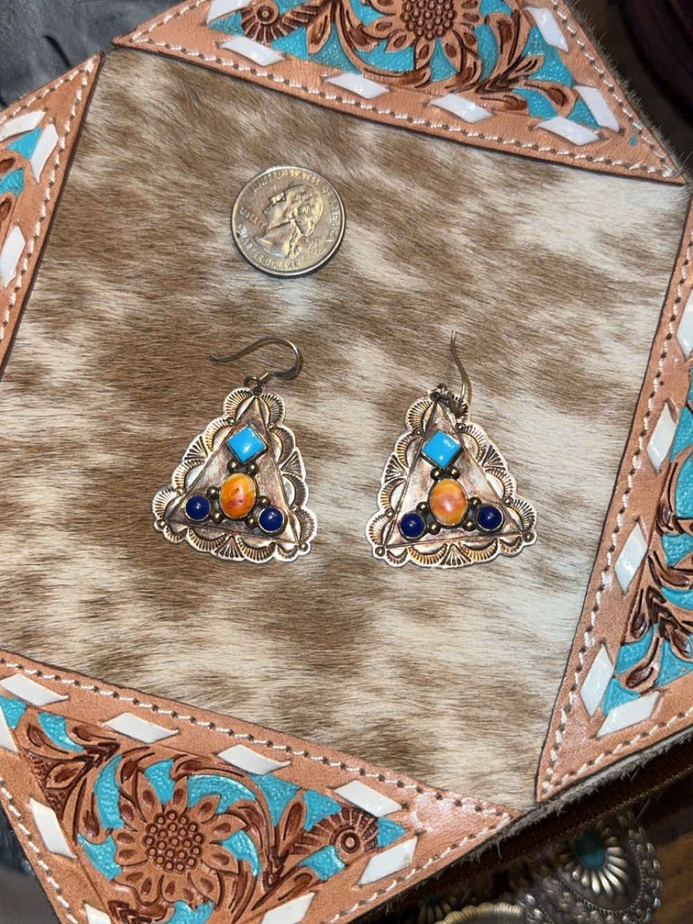 Vintage Native Turquoise, Spiny, & Lapis Triangle Drop Earrings